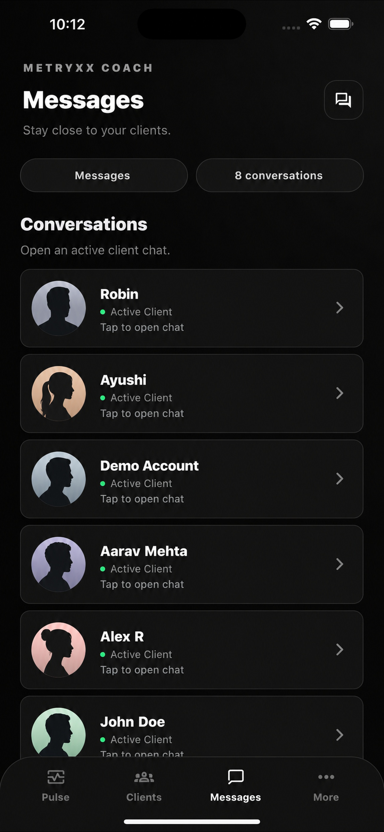 Metryxx coach messaging screen showing active client conversations
