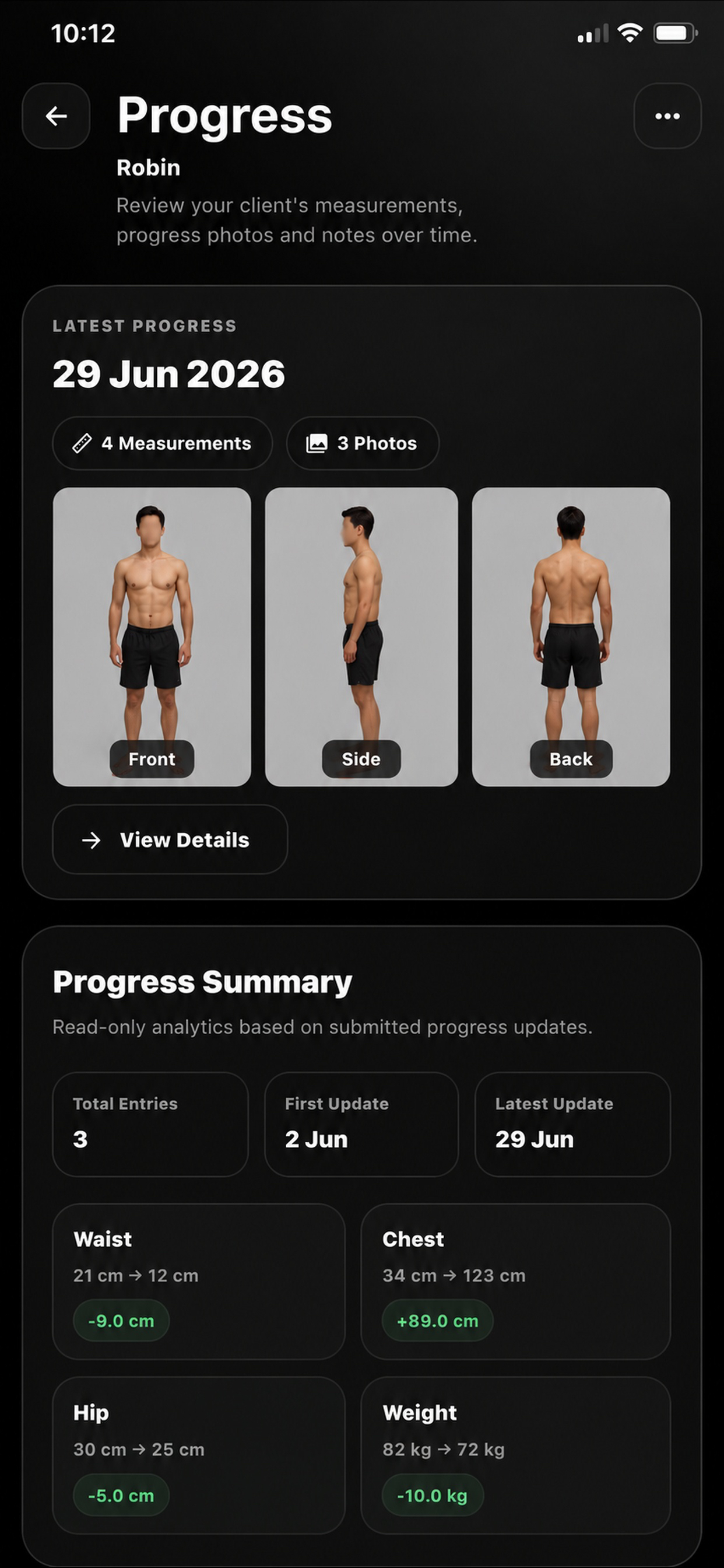 Metryxx progress tracking screen showing client measurements and progress photos